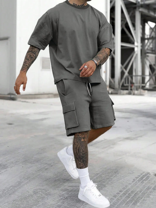 Men'S Solid Color Tee & Drawstring Waist Shorts Two-Piece Set, Regular Fit Breathable Soft Comfy round Neck Short Sleeve T-Shirt & Pocket Shorts Pj Set, Men'S Casual Sleepwear for Summer