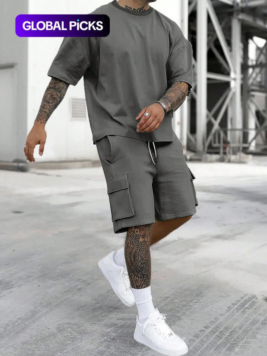 Men'S Solid Color Tee & Drawstring Waist Shorts Two-Piece Set, Regular Fit Breathable Soft Comfy round Neck Short Sleeve T-Shirt & Pocket Shorts Pj Set, Men'S Casual Sleepwear for Summer
